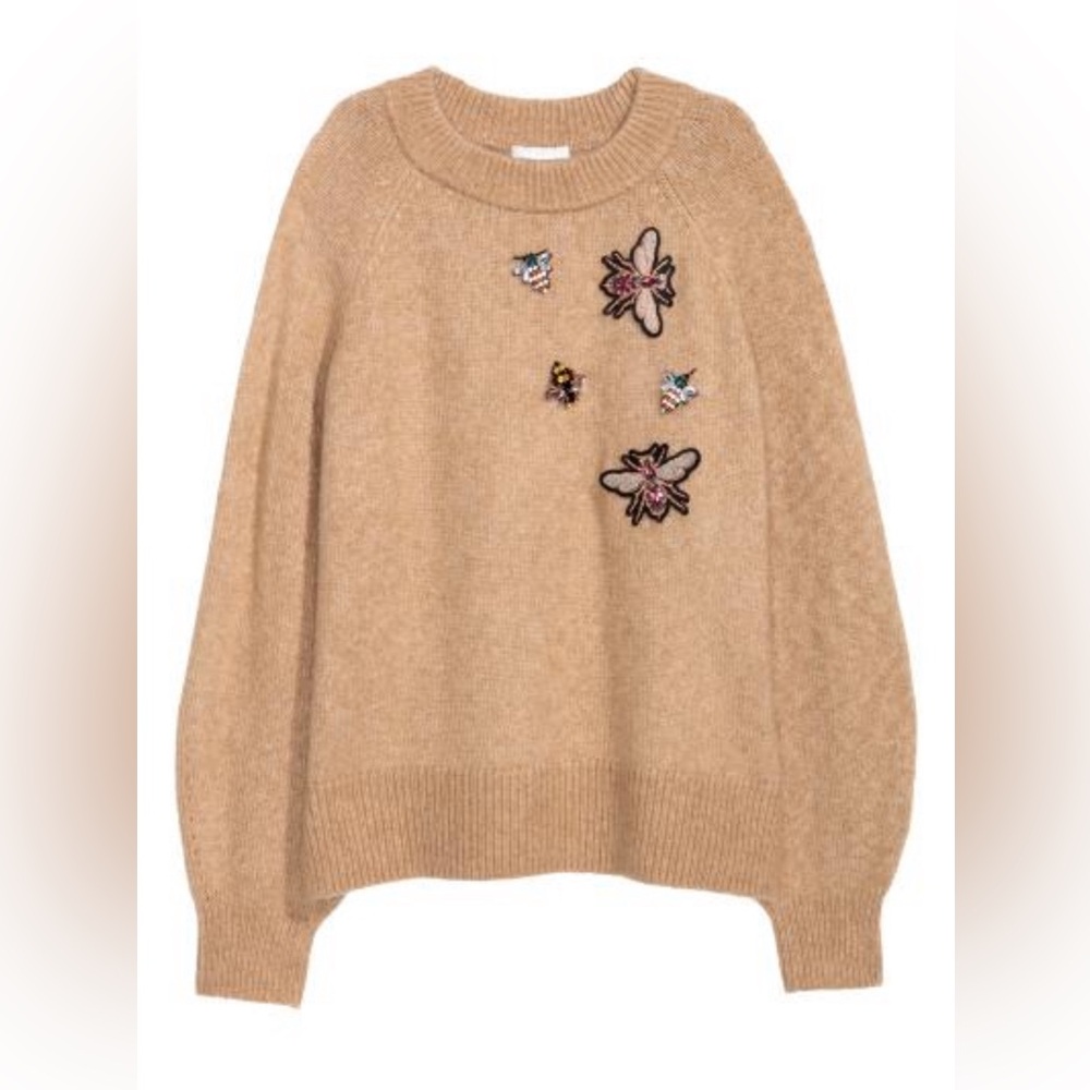 H&M Sweater With Beaded Appliqués Beige Size S